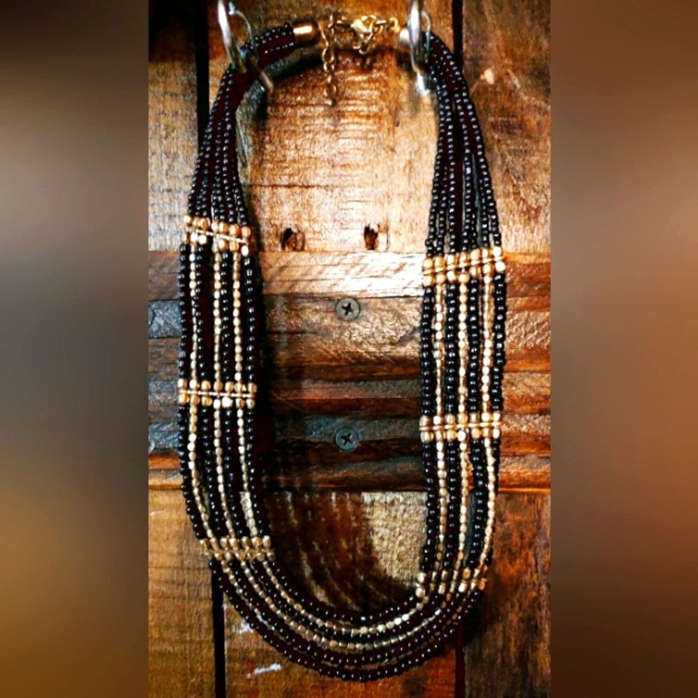 Black and Gold Beaded Bib Necklace
